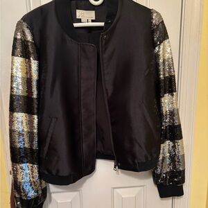 Sachin + Babi Black Bomber Jacket with Gold and Silver Sequin Sleeves